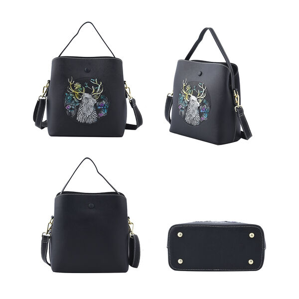 Crossbody Tasche aus echtem Leder, Hirsch Muster, Schwarz image number 4