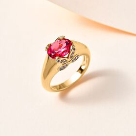 Lab Grown Padparadscha-Saphir, Wei&szlig;er Zirkon Ring, 925 Silber Gelbgold Vermeil (Gr&ouml;&szlig;e 19.00) ca. 2.78 ct
