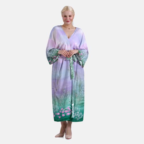 Kimono mit Vogel- und Blumenprint, fließende Passform, 78x128 cm, Schwarz