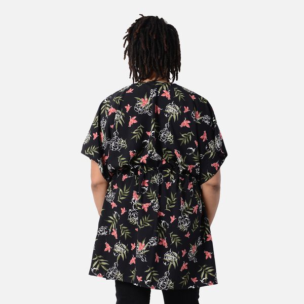 Kimono mit G&uuml;rtel, Blumenmuster, Schwarz und Mehrfarbig, Einheitsgr&ouml;&szlig;e image number 2