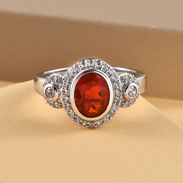 Mexikanischer Kirschfeuer-Opal und Zirkon-Ring, 925 Silber platiniert  ca. 1,33 ct image number 2