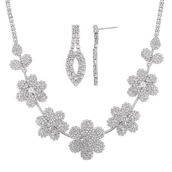 2er Set Wei&szlig;er Kristall Halskette und Ohrh&auml;nger, silberfarben