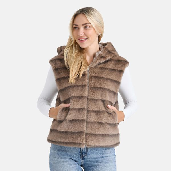 Weste mit Kapuze aus Webpelz, Einheitsgröße, Hellbraun image number 4