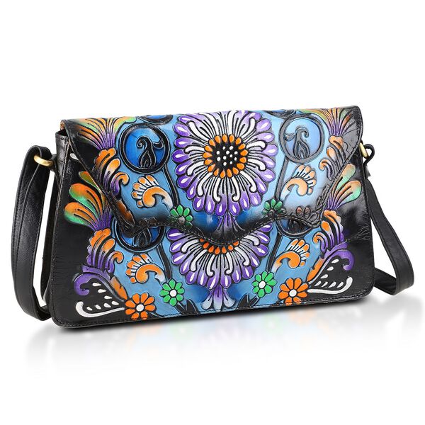 Gepr&auml;gte Leder Crossbody Tasche, 31.9 x 6.35 x 19.4 cm, Schwarz image number 5