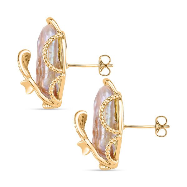 Lila Keshi Perle, Weißer Zirkonia Ohrringe, Nickelfreies Messing gelb vergoldet image number 4