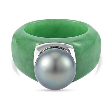 Grüne Jade, Tahiti Perle Ring (11-12 mm), 925 Silber rhodiniert, (Größe 18.00) ca. 44.57 ct