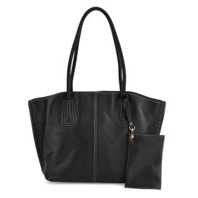 2er-Set Echtleder-Shopper, stilvolle Handtaschen mit passendem Reißverschluss-Etui, Schwarz