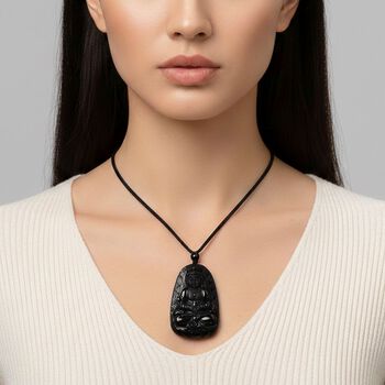 Majest&auml;tischer W&auml;chter - Schwarzer Jadeit- Guanyin, Halskette Flexibles cm ca. 95.00 ct