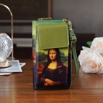 PU Handytasche mit RFID-Schutz, 20x11x2cm, Gr&uuml;n und braun mit Mona-Lisa-Muster