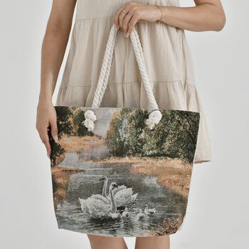 Gewebte Jute-Tasche mit Schwanenfamilie, mehrfarbig