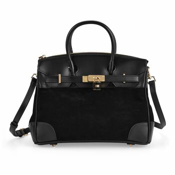 Grand Pelle Echtleder Citybag mit Rei&szlig;verschluss und Schlossoptik 30 x 16 x 23 cm Schwarz
