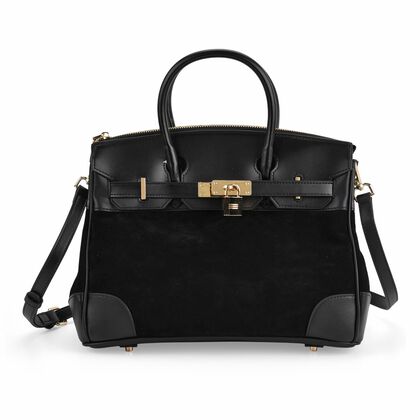 Grand Pelle Echtleder Citybag mit Rei&szlig;verschluss und Schlossoptik 30 x 16 x 23 cm Schwarz