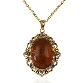 Bernstein, Zirkonia Halskette ca. 43 cm mit 2.5 cm extender, 925 Silber