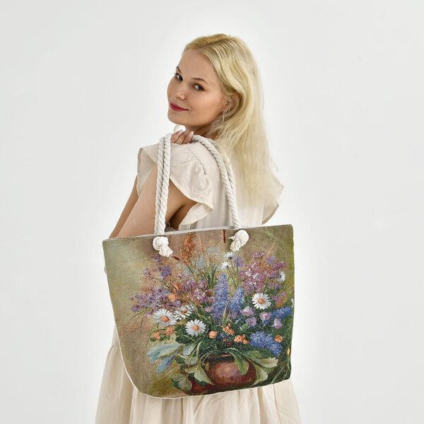 Gewebte Jute-Tasche mit Blumenstrauß und Gänseblümchen, mehrfarbig image number 2