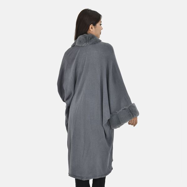 LA MAREY - Stilvoller langer Mantel mit Kunstpelzrand, 108x100cm, dunkelgrau image number 2