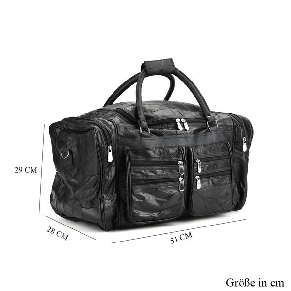Patchwork-Reisetasche aus Schafleder mit 6 Außentaschen und Schulterriemen, 51x29x28 cm, Schwarz image number 7