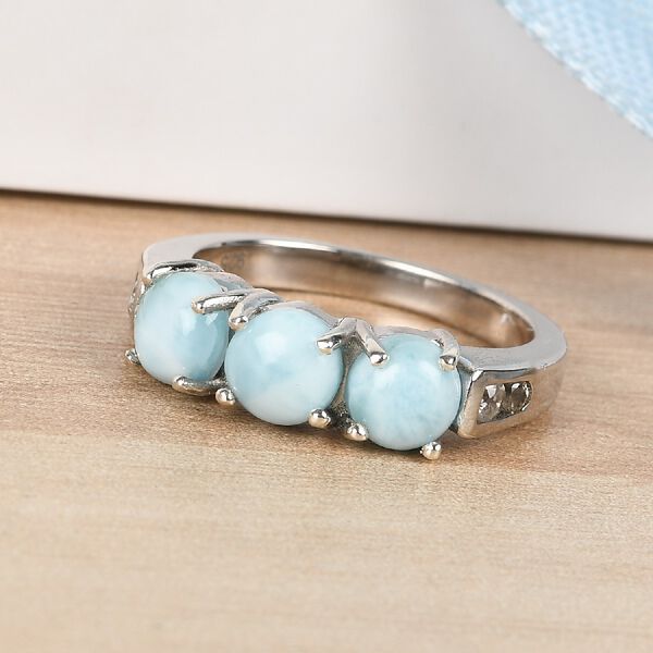 Larimar und Zirkon 3 Steinring 925 Silber Platin-Überzug image number 2