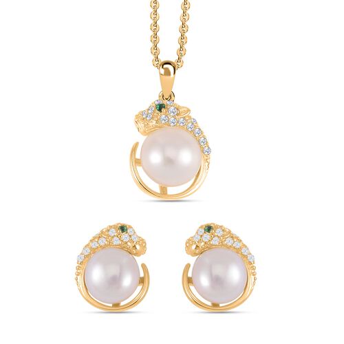 Weißes Süßwasserperlen, grünes und weißes Zirkonia-Schmuckset - 0,36 ct. image number 0
