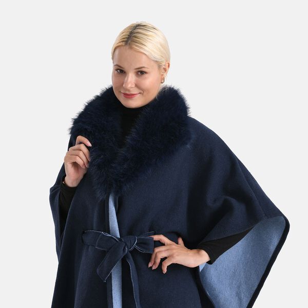 LA MAREY - Poncho mit Kunstfellkragen und G&uuml;rtel, One Size, Blau image number 5