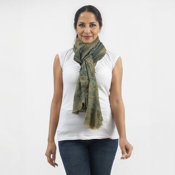 Premium Kollektion - gewebter Schulterschal, Natur Seide und Wolle, Jamawar Design, 70x200 cm, Olivgr&uuml;n