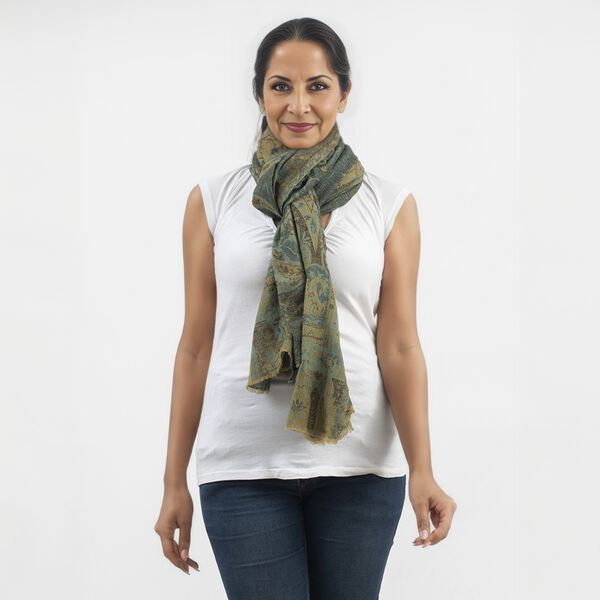 Premium Kollektion - gewebter Schulterschal, Natur Seide und Wolle, Jamawar Design, 70x200 cm, Olivgr&uuml;n