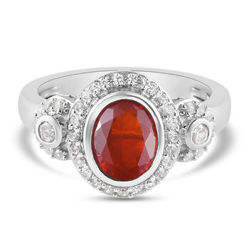 Mexikanischer Kirschfeuer-Opal und Zirkon-Ring, 925 Silber platiniert (Gr&ouml;&szlig;e 16.00) ca. 1,33 ct