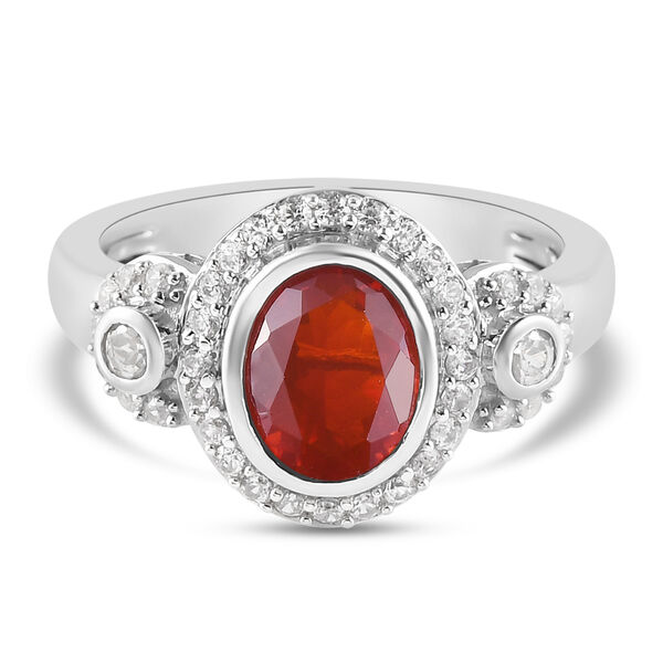 Mexikanischer Kirschfeuer-Opal und Zirkon-Ring, 925 Silber platiniert  ca. 1,33 ct