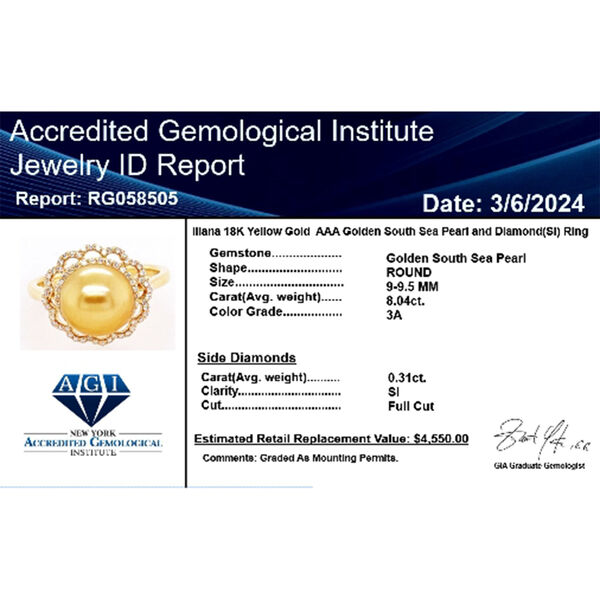 ILIANA  zertifiziert und geprüft AAA goldene Südseeperle und SI Diamant Ring in 750 Gold image number 9