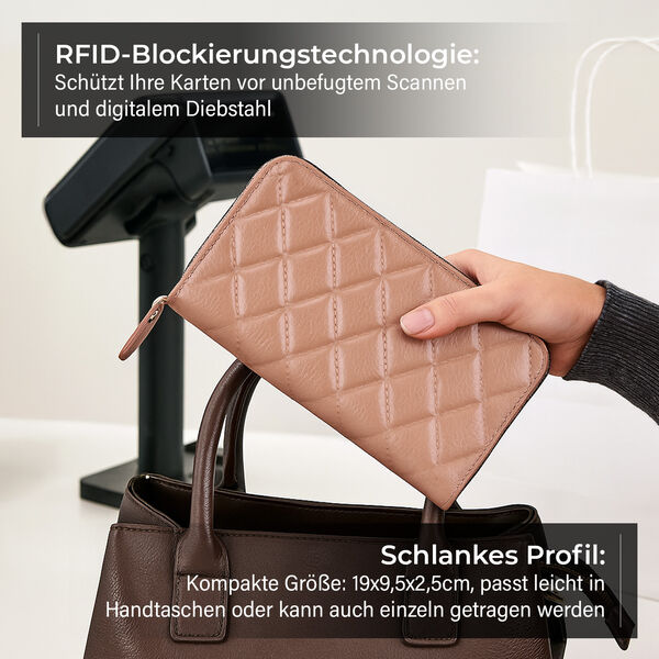 Brieftasche aus echtem Leder mit RFID-Schutz in Stepp-Optik, 19x2,5x9,5cm, Pfirsich image number 3