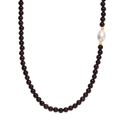 Roter Granat, Wei&szlig;e Barockperle Halskette ca. 45 cm, Nickelfreies Messing gelb vergoldet