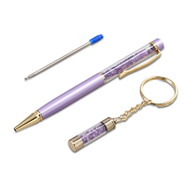 Kugelschreiber mit Amethyst-Edelsteinf&uuml;llung, inkl. Nachf&uuml;llmine und Schl&uuml;sselanh&auml;nger, Violett