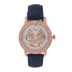 GENOA TIME V2 Automatik-Uhr mit Mechanischem Uhrwerk, Roségoldfarbenem Gehäuse und Blauem Lederarmband