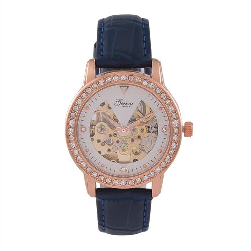 GENOA TIME V2 Automatik-Uhr mit Mechanischem Uhrwerk, Roségoldfarbenem Gehäuse und Blauem Lederarmband image number 0