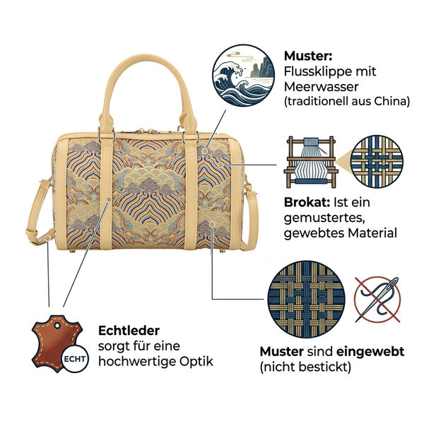 LA MAREY Brokat Crossbody Tasche aus Seide und Echtleder, 30x18x15cm, Beige image number 4