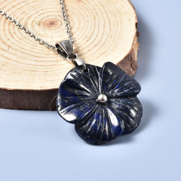 Floral geschnitzter, Lapislazuli-Anh&auml;nger mit Kette, ca. 50 cm in Edelstahl image number 1