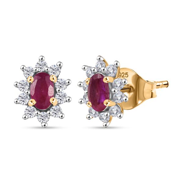 AA Afrikanischer Rubin (Fissure gef&uuml;llt), Wei&szlig;er Zirkon Ohrringe 925 Silber 750 Gelb Vergoldet ca. 1.21 ct