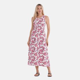 Schulterfreies, gesmoktes Kleid mit rosa Blumenmuster und Gürtel