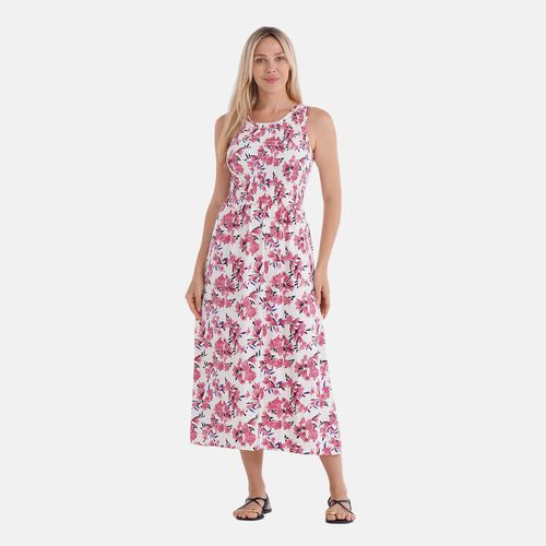 Schulterfreies, gesmoktes Kleid mit rosa Blumenmuster und Gürtel image number 0