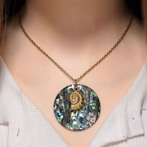 Abalone Muschel Ammonit-Design Anhänger mit Kette, Reiner Edelstahl, goldfarben, ca. 0,01 ct. image number 1