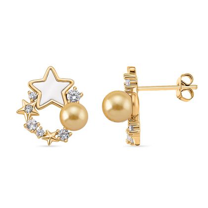 Goldene Muschelkernperle (5-7 mm), Wei&szlig;es Perlmutt Ohrringe, Nickelfreies Messing, golfarben