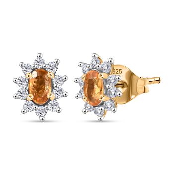 AA Gelber Saphir, Wei&szlig;er Zirkon Ohrringe 925 Silber 750 Gelb Vergoldet ca. 1.07 ct