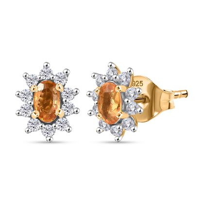 AA Gelber Saphir, Wei&szlig;er Zirkon Ohrringe 925 Silber 750 Gelb Vergoldet ca. 1.07 ct