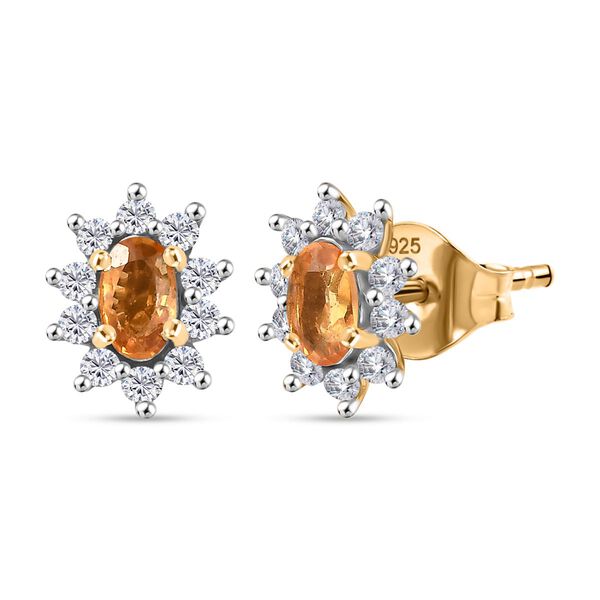 AA Gelber Saphir, Wei&szlig;er Zirkon Ohrringe 925 Silber 750 Gelb Vergoldet ca. 1.07 ct