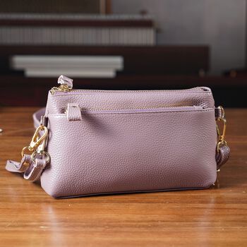 Echtleder Crossbody Tasche, mehrere Rei&szlig;verschlussf&auml;cher, verstellbarer Schulterriemen, 21,5x4x13cm, Violett