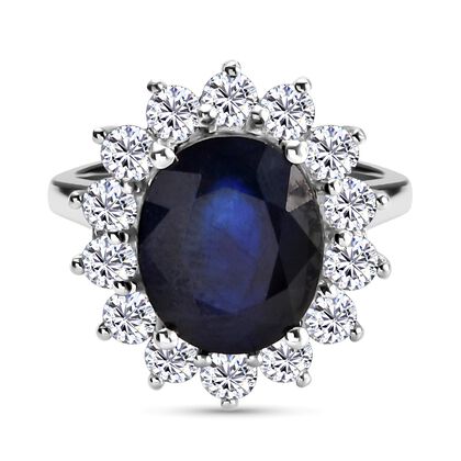 Masoala Saphir und Zirkon Halo-Ring, (Fissure gefüllt), 925 Silber platiniert (Größe 16.00) ca. 10,33 ct