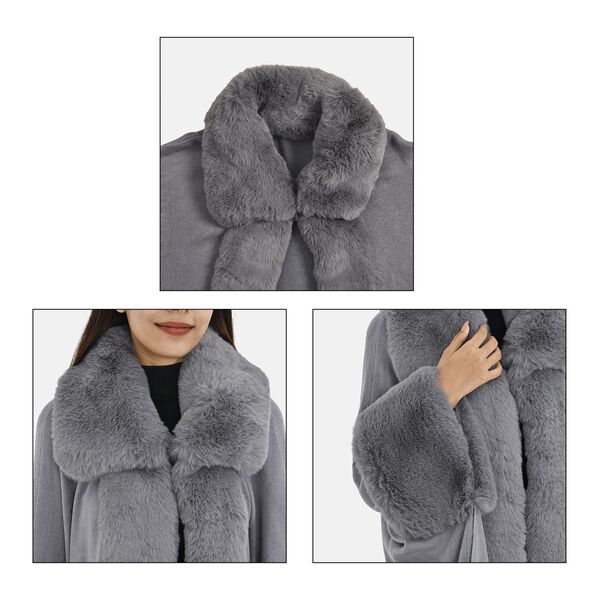 LA MAREY langer Mantel mit Kunstfellrand, Grau image number 6