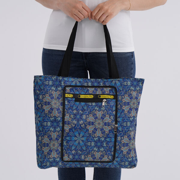 Faltbare Einkaufstasche aus wasserabweisendem Polyester, Blumenmuster, 40x43 cm, Tragegriffe 22 cm, Blau image number 2