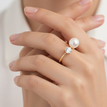 Wei&szlig;e S&uuml;&szlig;wasser Perle, Wei&szlig;er Zirkonia Ring Nickelfreies Messing, Goldfarben, Flexibles (Gr&ouml;&szlig;e 16.00-18.00)