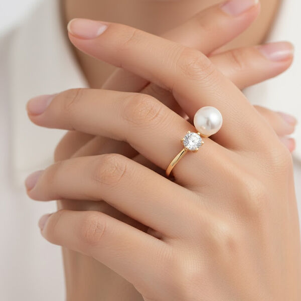 Wei&szlig;e S&uuml;&szlig;wasser Perle, Wei&szlig;er Zirkonia Ring Nickelfreies Messing, Goldfarben, Flexibles (Gr&ouml;&szlig;e 16.00-18.00) image number 3