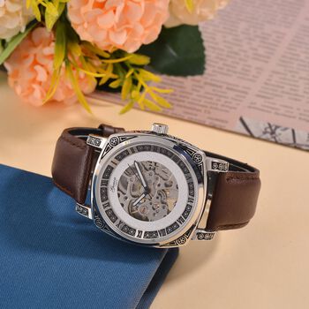 Genoa Time V2 Automatik-Uhr mit Schwarz Oxidiertem Graviertem Geh&auml;use und Braunem Lederarmband